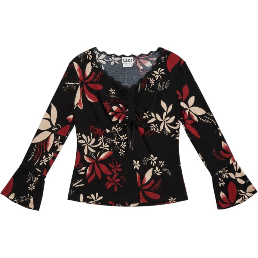Clio Vintage Y2K Whimsygoth Floral V-Neck Bell Sleeve Top Black Red L USA 90's